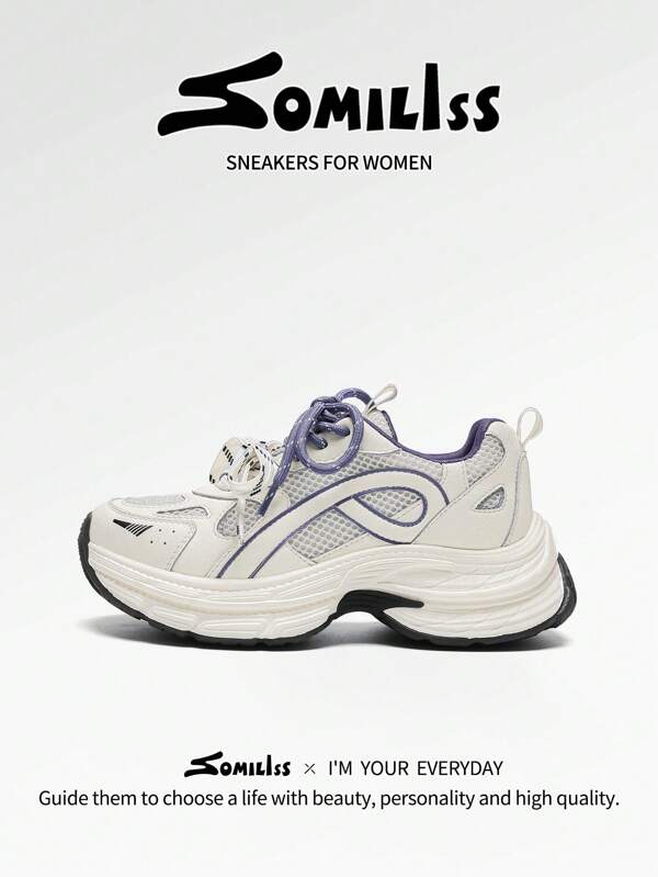 somiliss 5cm Platform Lace-Up Women's Casual Sports Shoes, Breathable Mesh, Anti-Slip, Comfortable Outdoor Walking Sneakers, Fashionable Personalized, Suitable For All Seasons