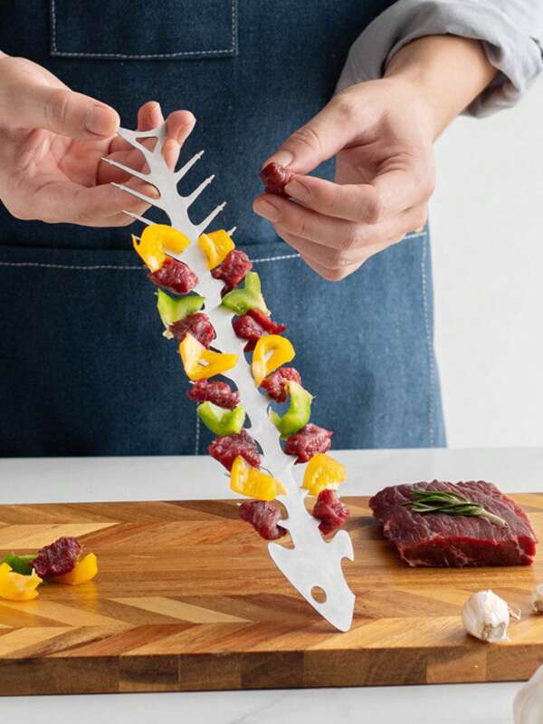 1 peça de garfo em formato de espinha de peixe para churrasqueira ao ar livre em aço inoxidável com abridor de garrafas, utensílios multifuncionais para churrasco