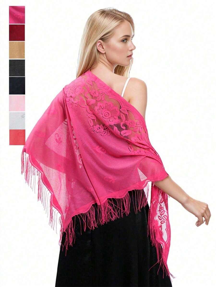 1pc Lightweight Hollow Solid Color Fringe Breathable Fashion Triangle Scarf Shawl - Multicolor - View 1