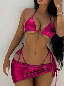 3件套女士比基尼套装 - 纯色亮面挂脖系带比基尼上衣搭配同色迷你裙，性感修身夏季泳装，适合度假海滩穿着 - 玫紅色 - 查看 1