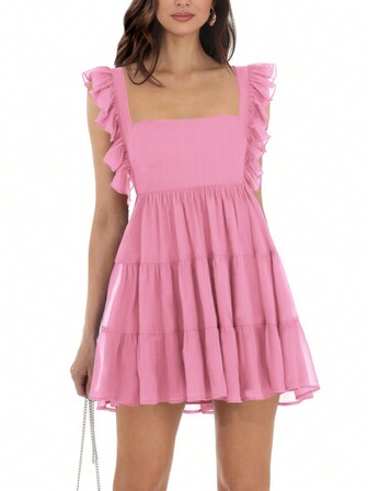 Square Neck Pleated Ruffles Mini Dress Women Summer Cute Frill Sleeveless Sexy Backless Lace Up Dresses