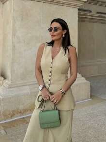 Women V-Neck Chic Single Breasted Long Top - Camel - View 6