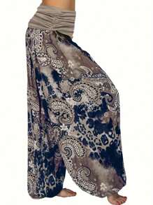 Fox Claw Plus Size Women's Loose Bohemian Style Contrasting Print Mid Waist Wide Leg Haren Pants - 卡其色 - 查看 2