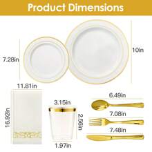 175Pcs Disposable Gold Dinnerware Set Gold Rim Plastic Plates Cups Fork Spoon Knife Paper Napkins For Party Wedding Graduation