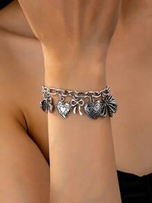 1 件复古心形锁子钥匙手链西部牛头饰手链西部珠宝女牛仔风格女士珠宝 - 復古銀色 - 查看 2