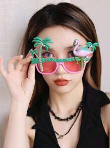 1pc Holiday Party Decoration Glasses, Hawaiian Sunglasses With Palm Tree, Flamingo, INS Beach Photo Prop Funny Dance Show Glasses (Handmade Painted, Normal Minor Flaws)
