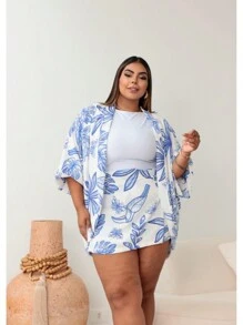 Plus Size 2-Piece Shorts And Kimono Set - White and Blue - View 3