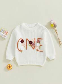 Baby Girl Birthday Sweater Floral Letter Embroidery Long Sleeve Round Neck Knitwear Pullover