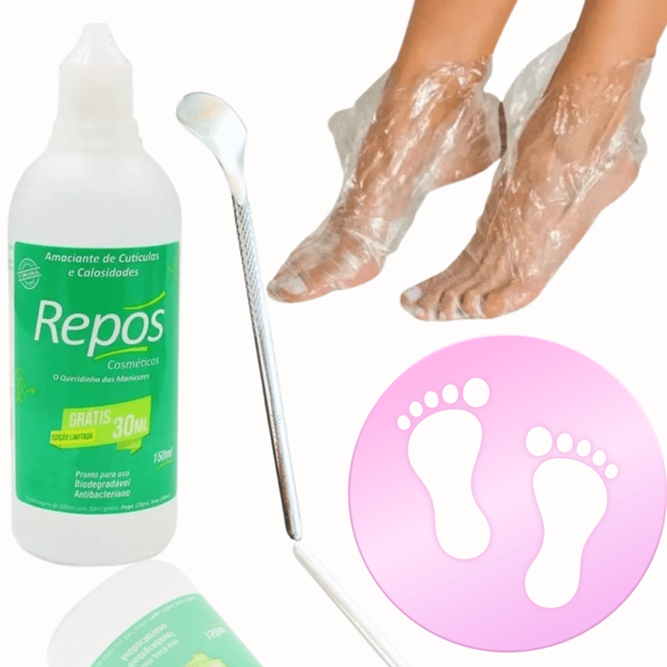 kit Amaciante De Cutículas Repos + Espátula P/ Calo + 10 Botinha manicure pedicure podologia pé rachado tratamento