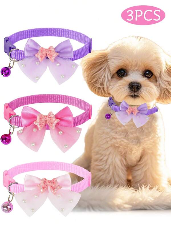 1pc Or 3pcs Set Cute Shiny Bow Bell Pet Collar For Daily Use - For Cats And Dogs