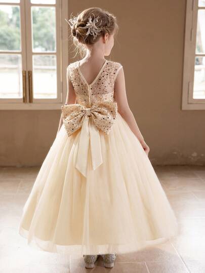 Tween Girl Champagne Long Prom Dress With Big Bow, Tulle Ballgown