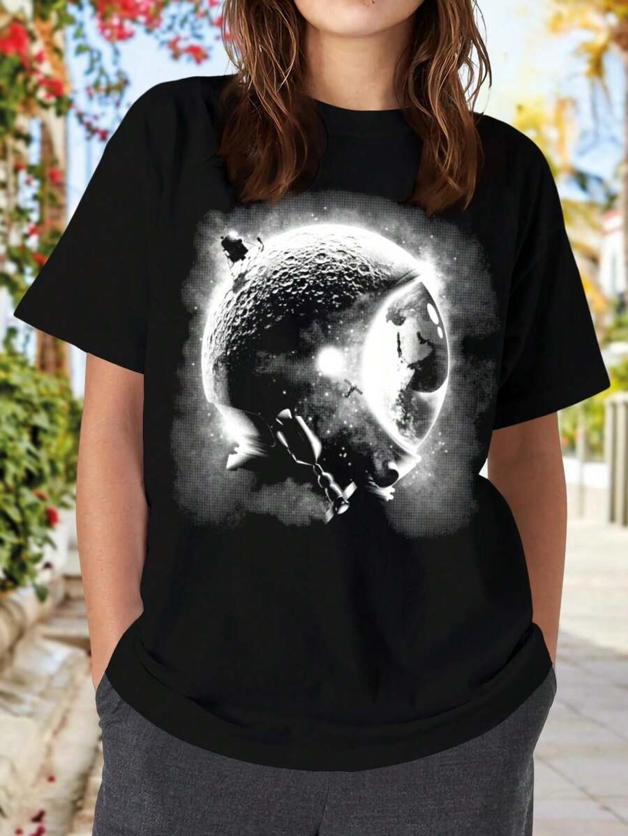 Moon's Helmet A Surreal Journey Through Space With Astronauts Black And White Cosmic Imagery Of Earth Imaginative Lunar Module Designs For Sci-Fi Enthusiasts - Perfect For Women's Women T-Women's Shirt - Black - View 1