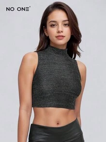 Spandex Muscle T-Shirt With Glitter Crop Top Slim Fit - Black - View 3