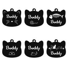 Etiqueta con forma de cara de gato personalizada, información privada personalizable, diferentes opciones de estampado, etiqueta antiextravío para decoración de gatos, múltiples opciones de color - Negro - Ver 7