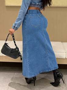 Women's Stretch Bodycon Denim Skirt - High Waisted Long Skirt With Front Slit, Zip & Button Closure Slim Fit Maxi Skirt For Casual Elegance - 中等水洗藍 - 查看 2