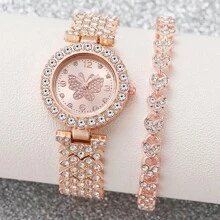 2pcs/Set Elegant Butterfly Quartz Watch, Luxurious Stainless Steel Bracelet Watch And Wristband, Suitable As Women's Gift - Rose Gold - View 3