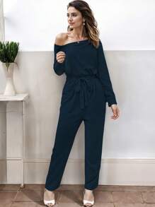 Women's Casual Long Sleeve Off Shoulder Wide Leg Jumpsuit With Adjustable Belt - Azul Petróleo - 查看 2
