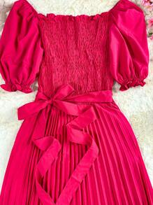 Pleated Midi Dress With Elastex Waist - Hot Pink - View 3