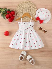 2 pezzi/set nuovo abito estivo da bambina con stampa a cuore e fiocco, set di 2 pezzi con vestito e cappello