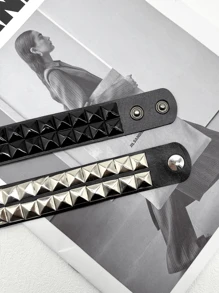 Studded Bracelet PU Leather Punk Bracelet For Men Women, 80s Wristband Goth Punk Rock Bracelet, Black/Silvery Punk Rock Style Two Rows Square Studs Faux Leather Bracelet Cuff Bangle Unisex Bracelets For Party Favors Accessories & Gift Halloween