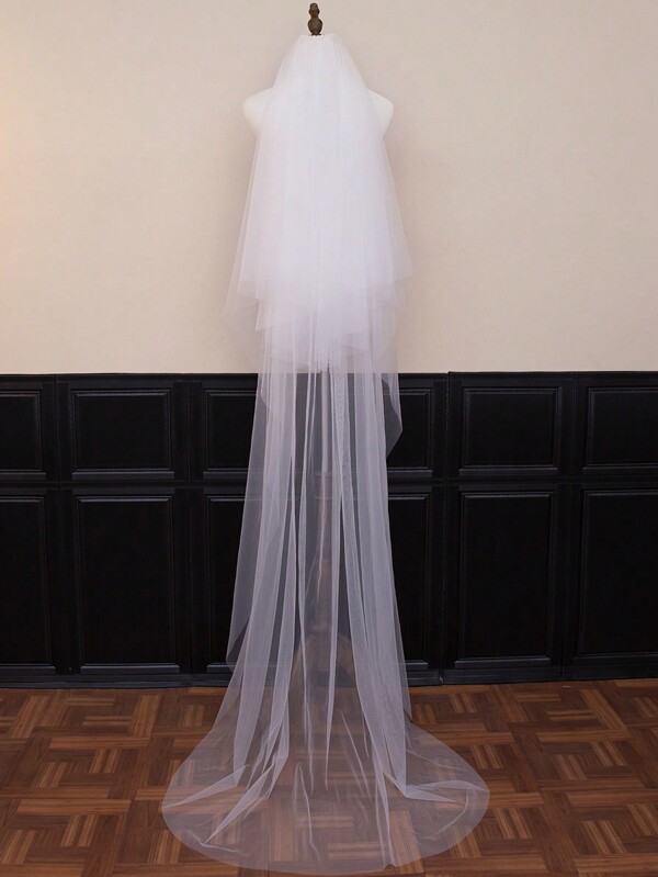 1pc Double-Layer Sheer Veil Bridal Headpiece With Short Train, Accessory For Wedding Dress, Photo Shooting
