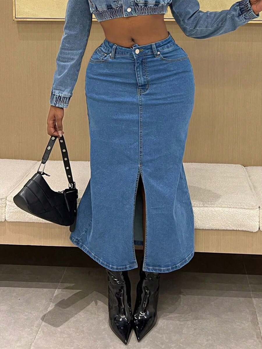 Women's Stretch Bodycon Denim Skirt - High Waisted Long Skirt With Front Slit, Zip & Button Closure Slim Fit Maxi Skirt For Casual Elegance - 中等水洗藍 - 查看 1