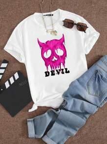 Dames Lente/Zomer Casual Bruinen Straatmode Duivelsmasker Grafische Letter Print Ronde Hals Korte Mouw T-shirt Top