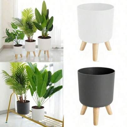 Maceta redonda de pie con sistema de drenaje y autorriego para plantas, bonsái y hierbas con patas de madera, para vivero y decoración moderna