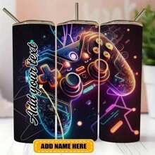 Custom Name 1pc 20oz Add Your Own Text Gamer Themed Stainless Steel Tumbler - Vacuum Insulated Cup With Striking Cartoon Prints