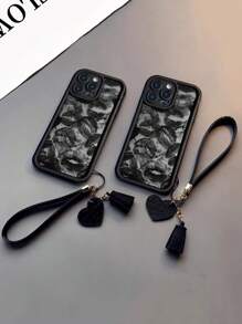 全新高端纹理加厚防摔唇纹手机壳，带可拆卸皮革心形腕带 DIY 手机挂饰、流苏吊坠、短腕带 - 彩色 - 查看 2