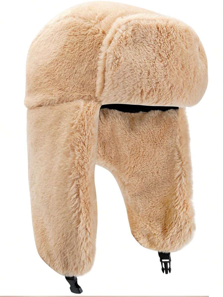 Women Men Winter Furry Ushanka Trapper Hat With Earflaps Warmer Windproof Ski Snow Caps Thermal Cold Weather Hats - 卡其色 - 查看 1