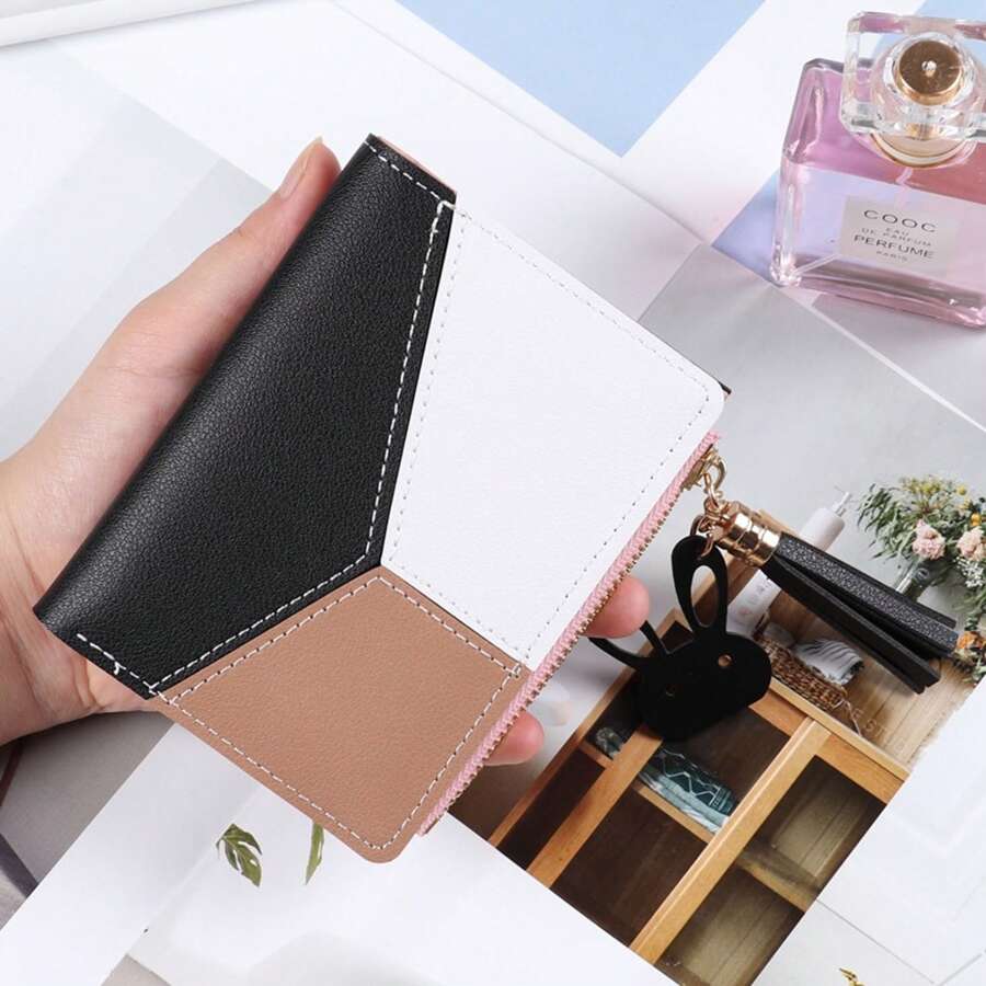 Women's Color Block Shape Zipper Clutch Wallet - Preto - View 1