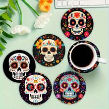 Set de 1/4/6 piezas de posavasos de barro de diatomeas con diseño de calavera y flores - Posavasos para tazas con aislamiento térmico, manteles lavables, antideslizantes y resistentes al calor, ideales para uso doméstico, cafe, oficina, cocina, hora del té, decoración de fiestas temáticas, regalos exquisitos