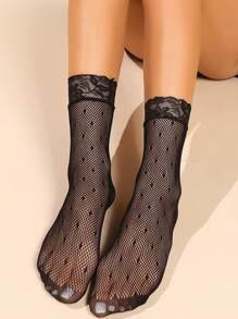 8 đôi tất ren ngắn cho nữ, tất cổ cao hở mũi, tất dài đến giữa bắp chân thời trang và gợi cảm, có lớp lót - màu đen - Xem 6