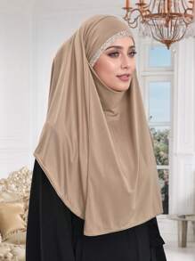 1件装女士纯色马来西亚系带头巾，饰有水晶，多功能头巾，透气柔软舒适，适合各种场合搭配服装 - 馬來燙鑽面罩頭巾 - 查看 5