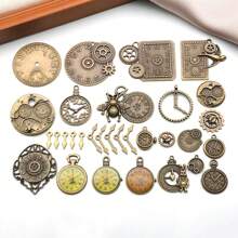 31pcs Random Mix Antiqued Bronze Clock Face Charm Pendant, Mixed Gears Steampunk Charms Pendants DIY For Necklace Bracelet Jewelry Making And Crafting