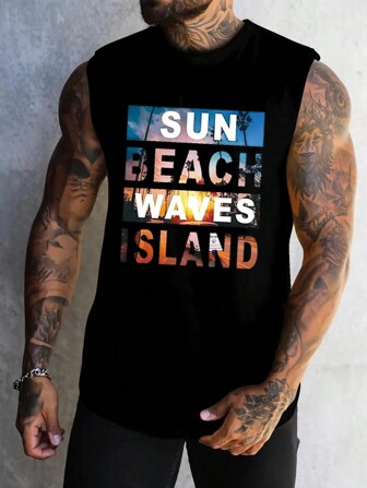 SUN BEACH WAVES ISLAND 印花男士速干吸湿排汗透气背心运动健身健美运动无袖衬衫健身跑步训练男装