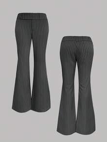 Women Low Drop Waist Casual Work Business Waist Button Design Elastic Waist Color Block Striped Long Pants, Autumn/Spring, Suitable For Office, Christmas & New Year Eve Party - Grey - View 9