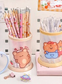 1 件可爱卡通圆形折叠笔筒桌面文具收纳盒，清新简约 Ins 风格办公用品收纳、桌面收纳盒、铅笔盒、笔筒、毛绒铅笔盒、可爱铅笔盒、办公桌收纳盒、材料、记号笔收纳盒 - 彩色 - 查看 5
