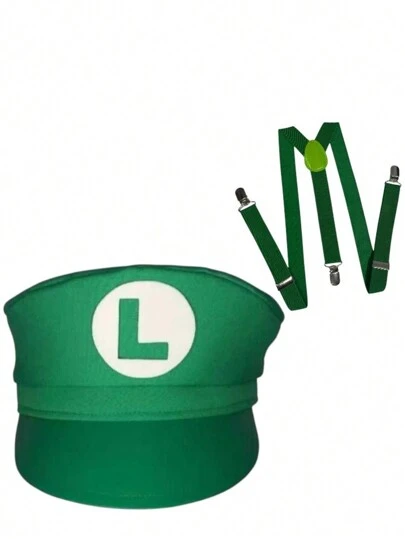Kit Super Bros Luigi ,Boina C/ Bigode  Suspensório  Fantasia OXFORD - ADULTO