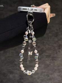 Luxury Sparkle Butterfly Rhinestone Bead Phone Bracelet Strap Charm Chain Knot Cellphone Lanyard Keychain Bag Camera Keychain Pendant - Butterfly Beads - View 2