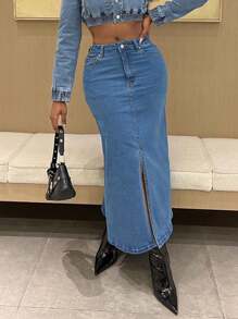 Women's Stretch Bodycon Denim Skirt - High Waisted Long Skirt With Front Slit, Zip & Button Closure Slim Fit Maxi Skirt For Casual Elegance - 中等水洗藍 - 查看 3