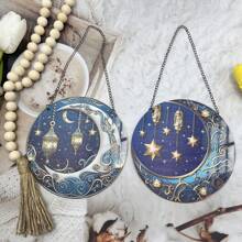 1 pezzo Piatto rotondo decorativo in acrilico colorato e vintage, con disegno di luna e stelle, per decorazione d casa