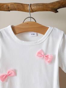 2pcs/Set Baby Girl Summer Casual Round Neck Bow Decor Short Sleeve Top And Flared Pants Set - Pink - View 3