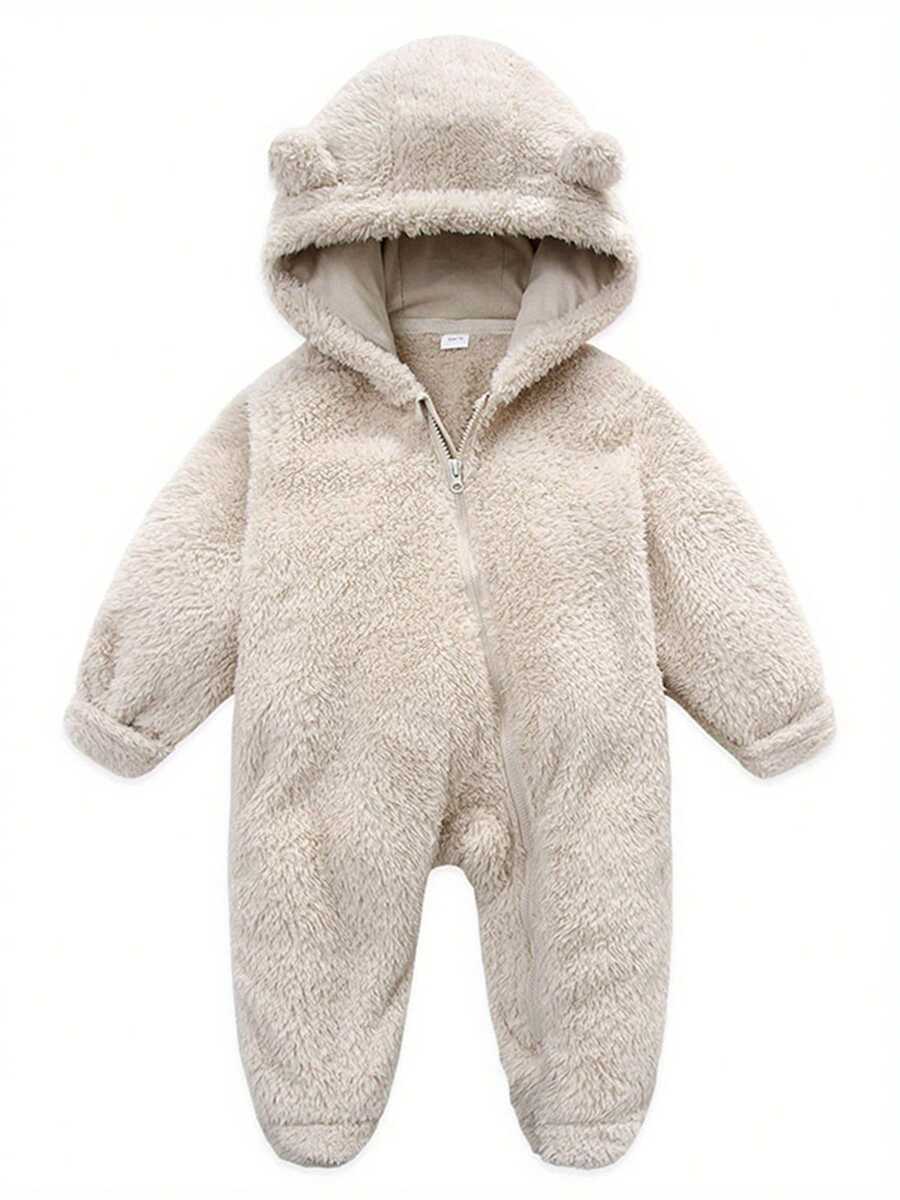 Baby Jumpsuit, Long Sleeve Hooded Zipper Closure Winter Romper Clothes For Boys Girls - Beige - View 1