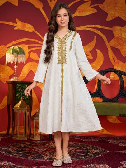 Tween-Mädchen Naher Osten Indonesien Dubai Kapuzen Blumenbesatz Samt Maxi langes Kleid