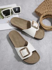 New Fashionable White Women Flat Mule Slides With Single Strap,Spring Summer Outfits - White - View 2