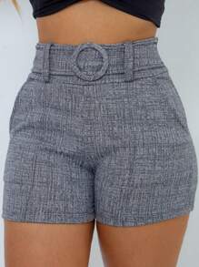 Women's Skinny Linen Shorts With Lined Belt And Pocket - Xám - Xem 1