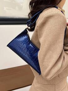 Women's Fashion Navy Blue Crocodile Embossed Baguette Shoulder Bag