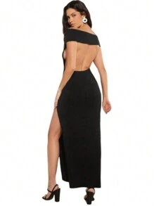 Vestido Negro Largo Con Escote Abertura Pierna Sexy - Negro - Ver 2